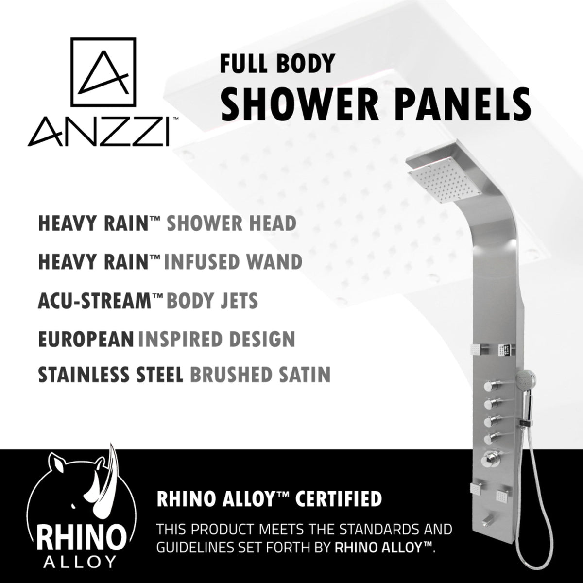 Echo 63.5 in. 4-Jetted Full Body Shower Panel with Heavy Rain Showerhead, Spray Wand and Tub Spout in Brushed Steel