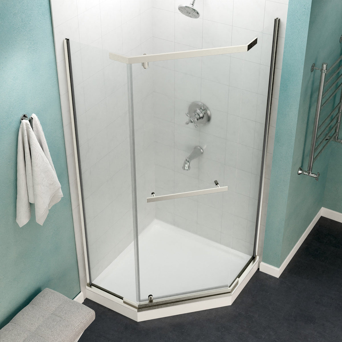 Castle Series 49 in. x 72 in. H Pivot Semi-Frameless Shower Door with Tsunami Guard Tempered Glass