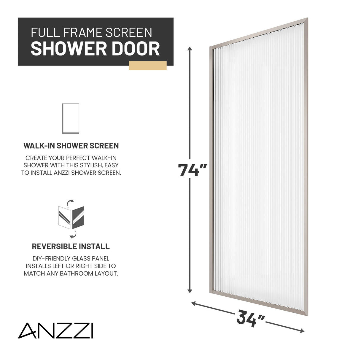 34 x 74 Framed Shower Door, Welle Fixed Screen Tempered Clear Glass