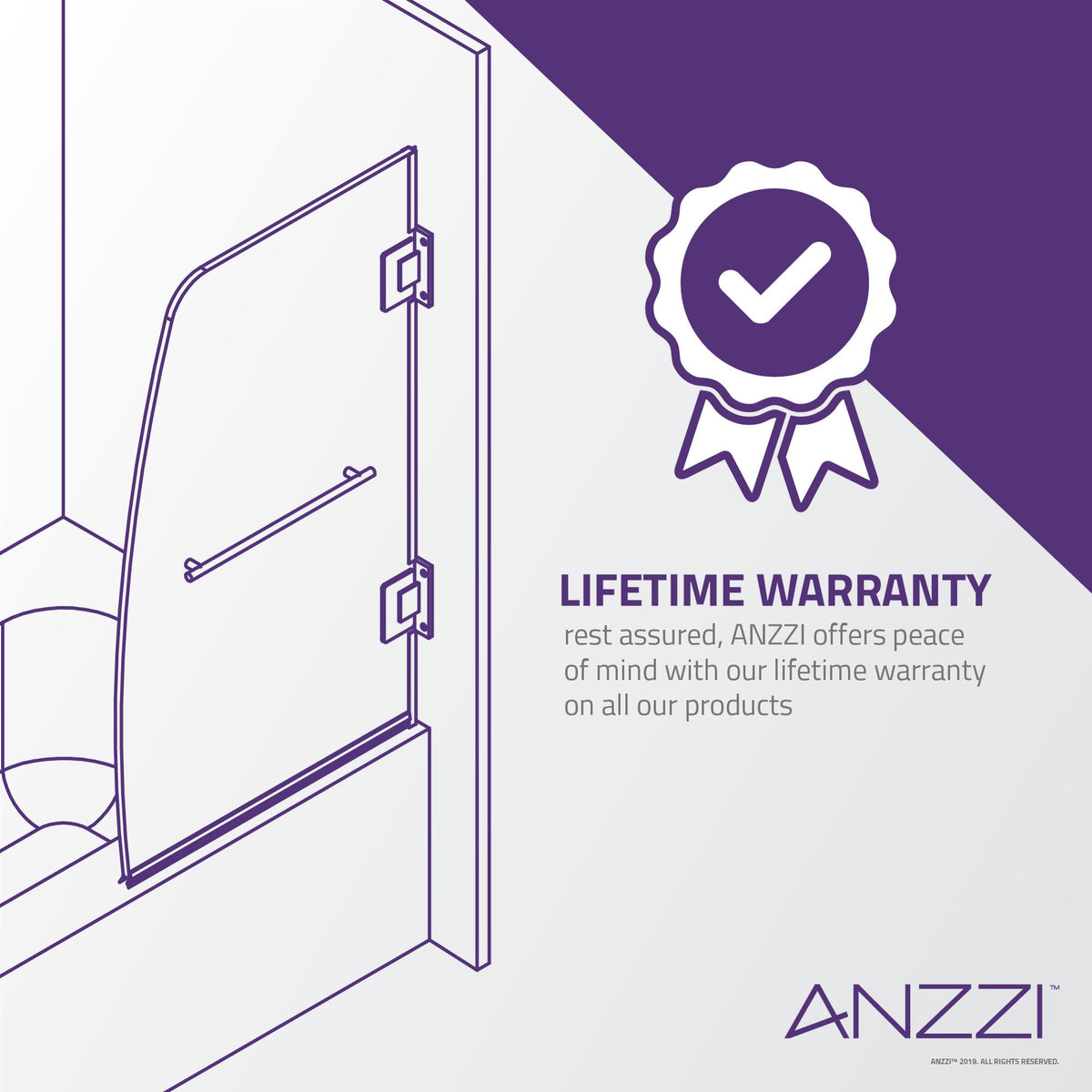 30 x 55 Tub Shower Door, Grand Frameless Hinged Clear Tsunami Guard