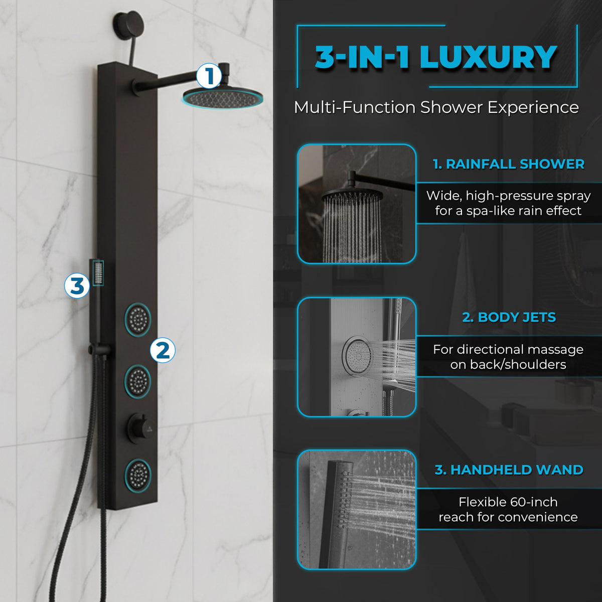 Beverly Series 43 in. 3-Jetted Shower Tower with Heavy Rain Shower and Body Jets and Spray Wand