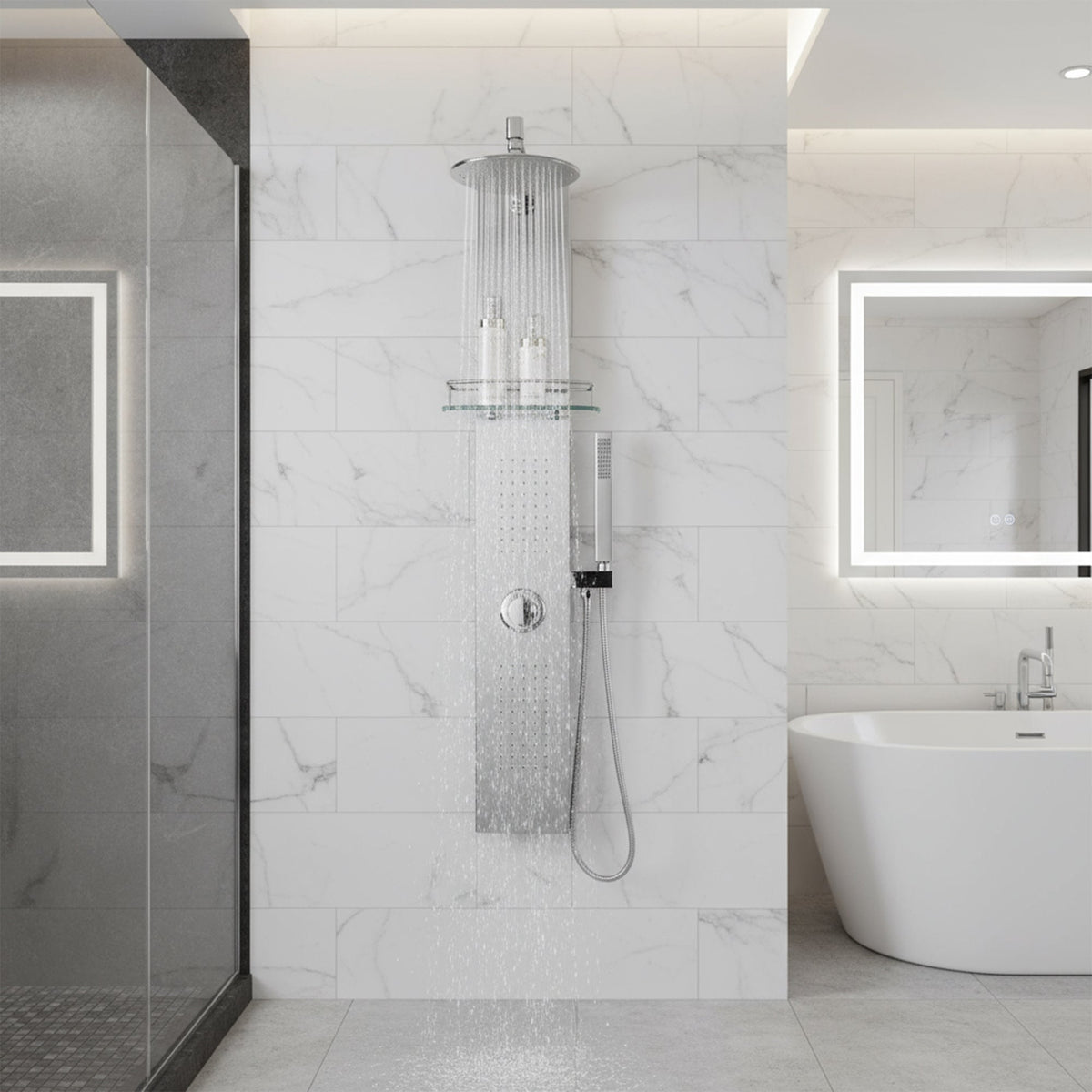 Coastal Series 44 in. 2-Jetted Full Body Shower Tower System with Rainfall Showerhead and Spray Wand in Brushed Steel