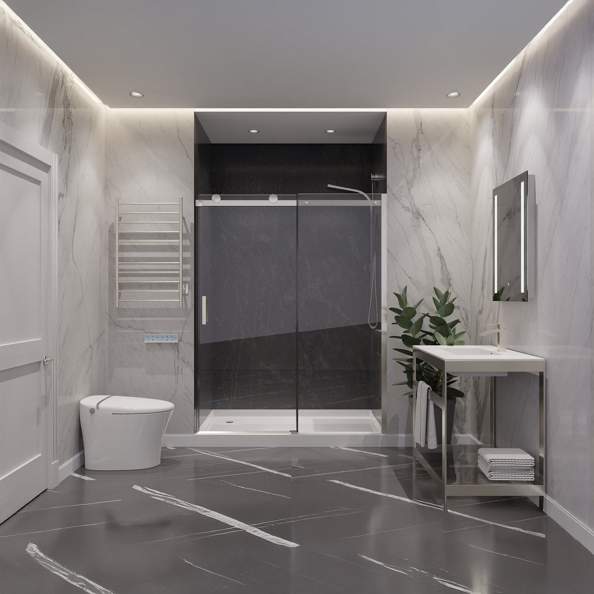 60 x 76 Frameless Shower Door, Rhodes Sliding Tsunami Guard