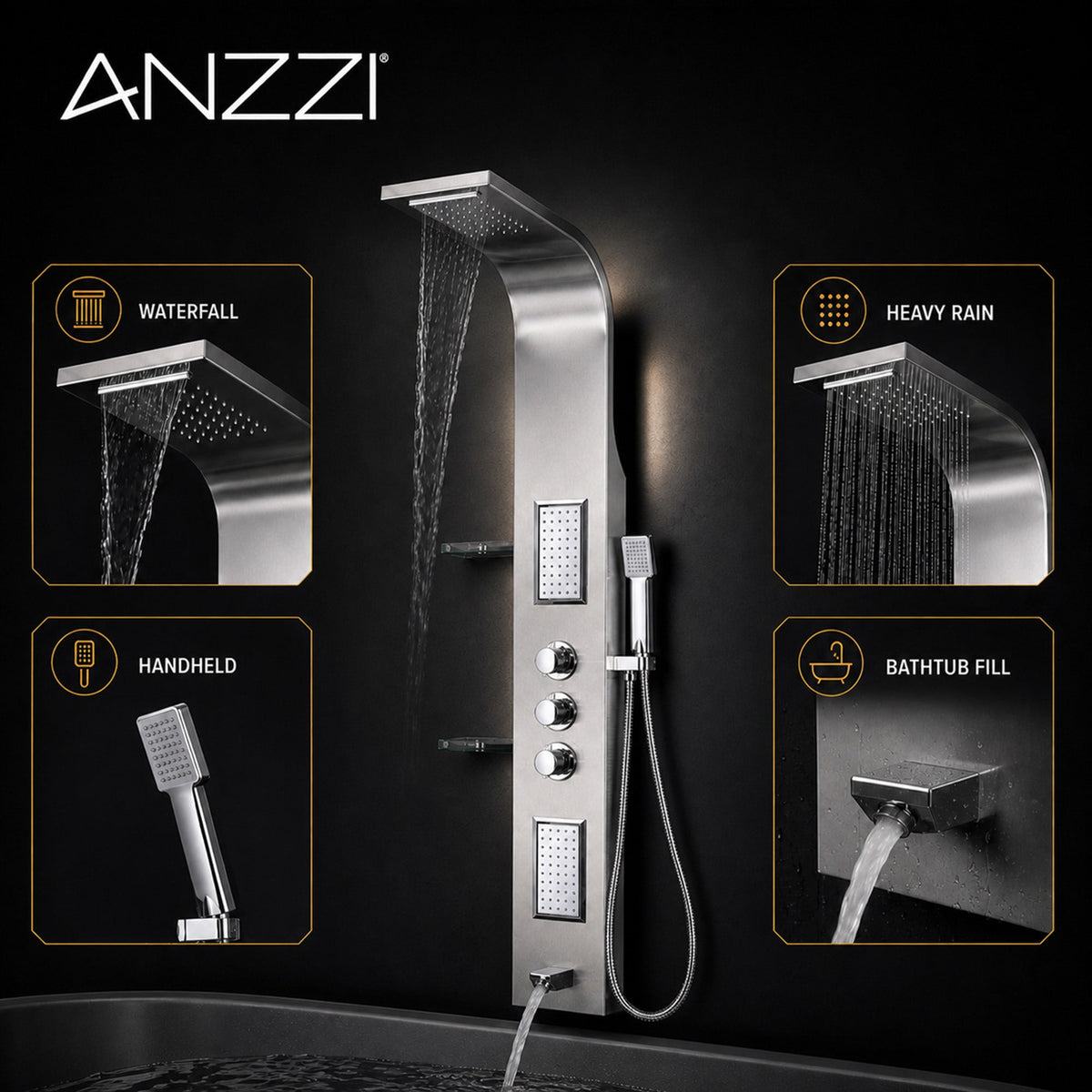 Shower Panel, FIELD Jetted Full Body Brushed Steel