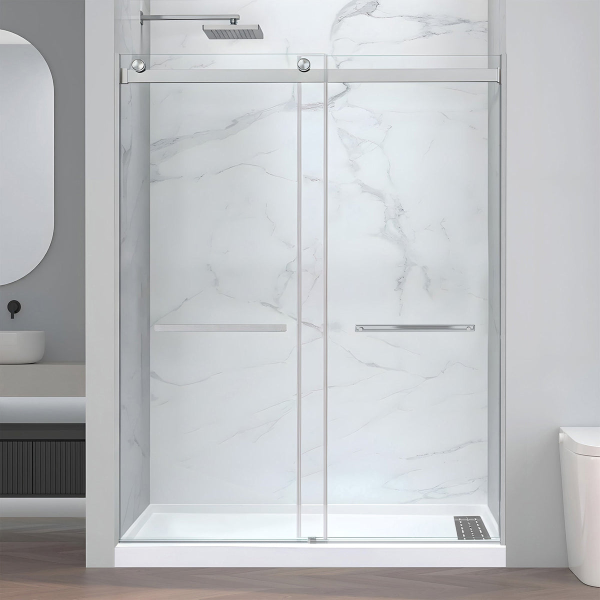 60 x 30 Frameless Shower Door, Pan Only, Kahn Alcove Sliding Combo