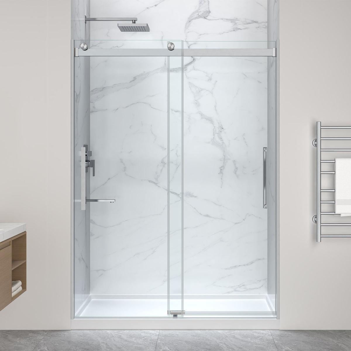 76 x 57 Framed Shower Door, Center Drain, Pan Only