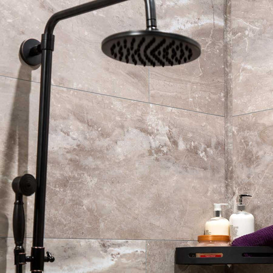 60 x 36 Designer Roll In Shower | Venetian Marble Walls from Showers4Less