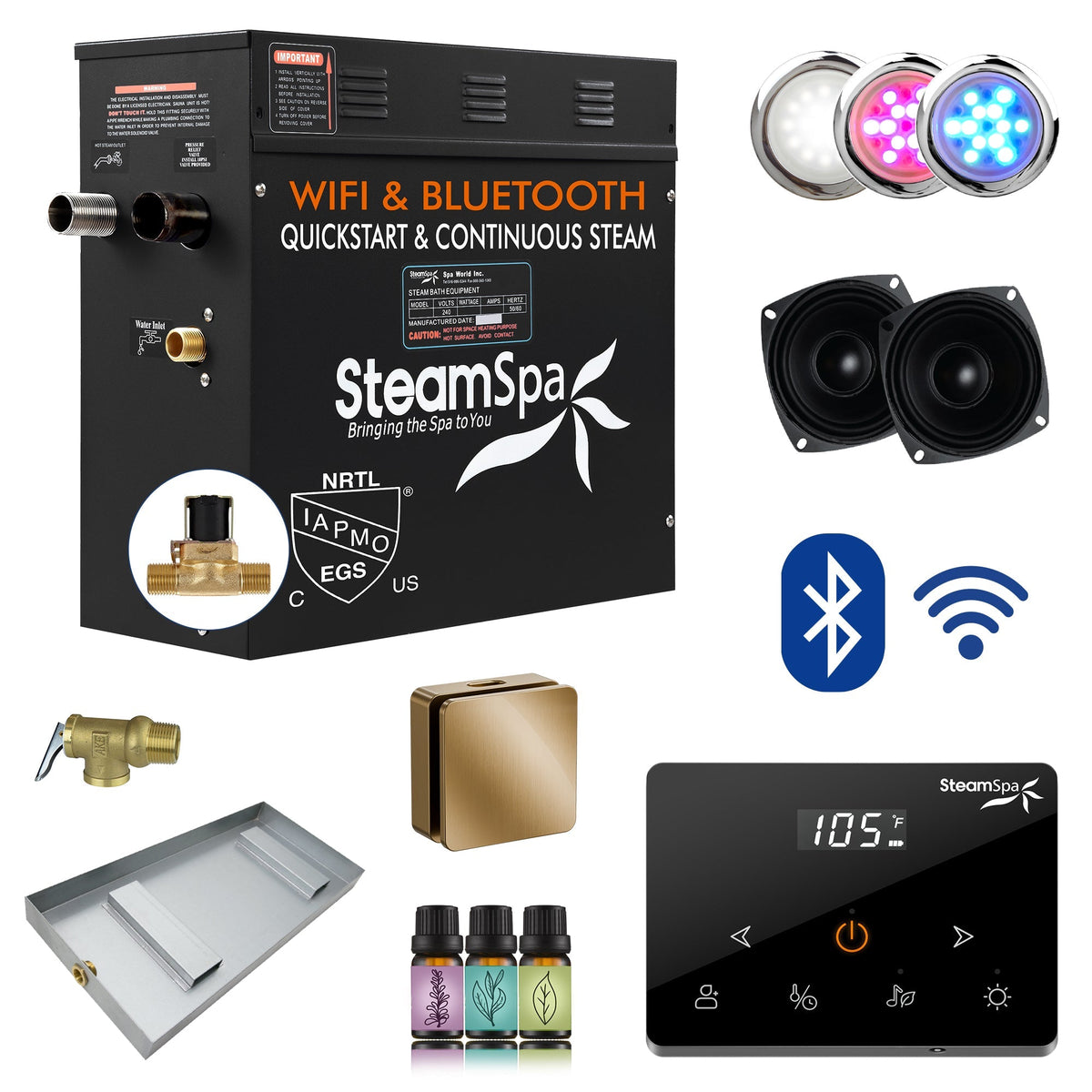 Steam Shower Generator, Full Package, Black Wireless Deluxe New Square Heads