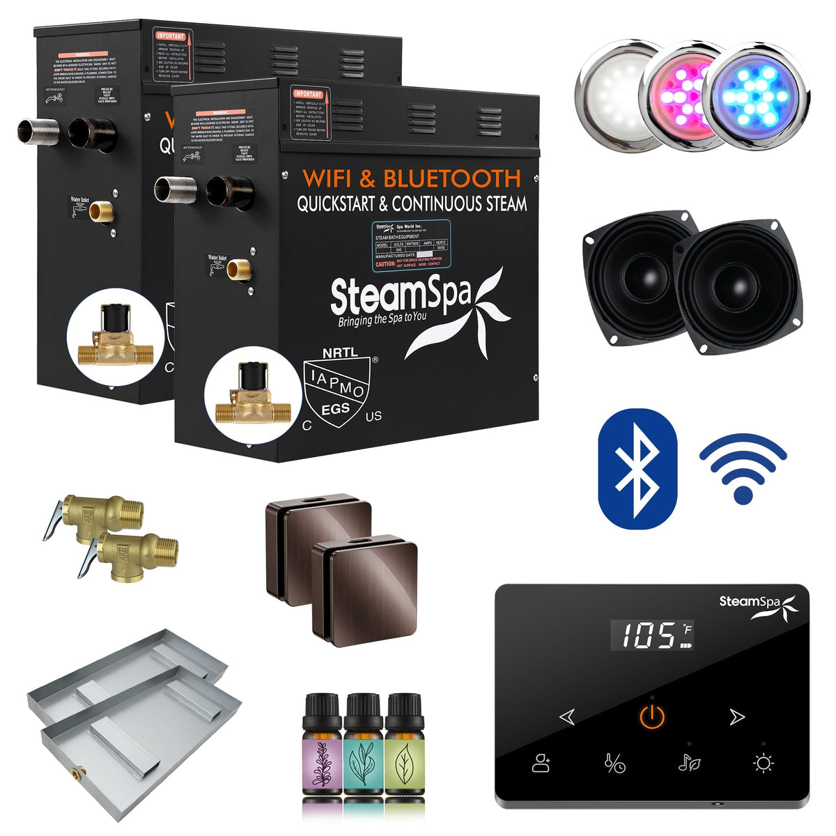 Steam Shower Generator, Full Package, Black Wireless Deluxe New Square Heads
