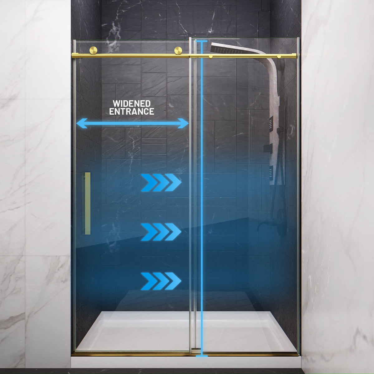 Mountain 48 in. W x 76 in. H Reversible Frameless Sliding Glass Shower Door with Soft-Close System - Multiple Finishes