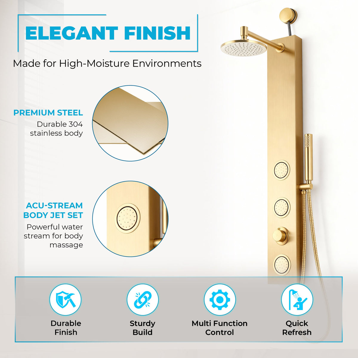 Beverly Series 43 in. 3-Jetted Shower Tower with Heavy Rain Shower and Body Jets and Spray Wand