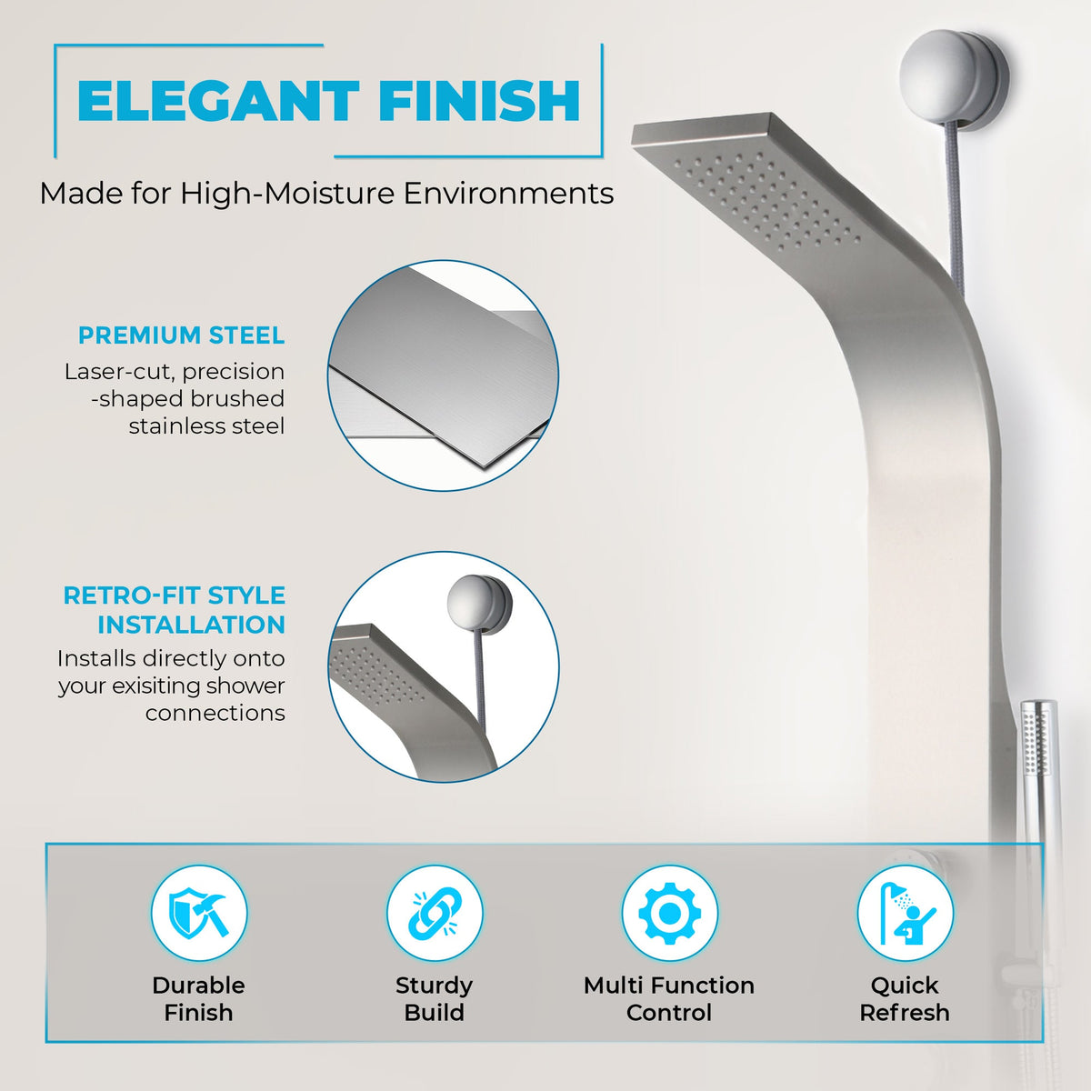 Cici Series 39 in. 2-Jetted Shower Tower with Heavy Rain Shower and Body Jets and Spray Wand