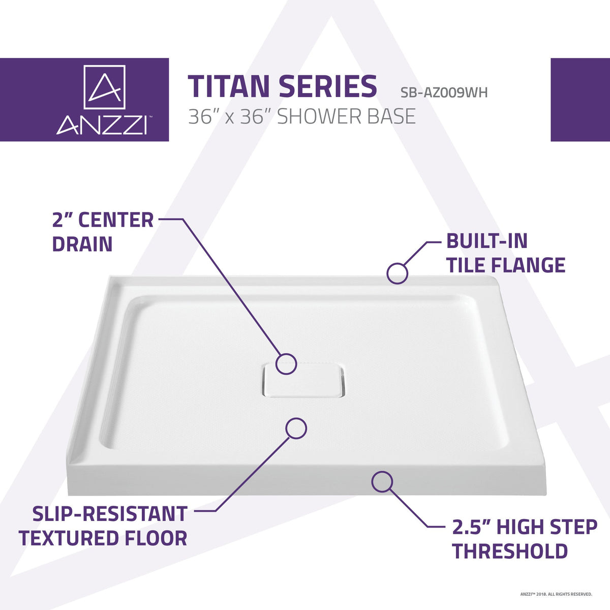 ANZZI Titan 36" x 36" Corner Shower Pan, Durable Marine Grade Acrylic, cUPC Certified, Center Drain, Slip-Resistant Floo