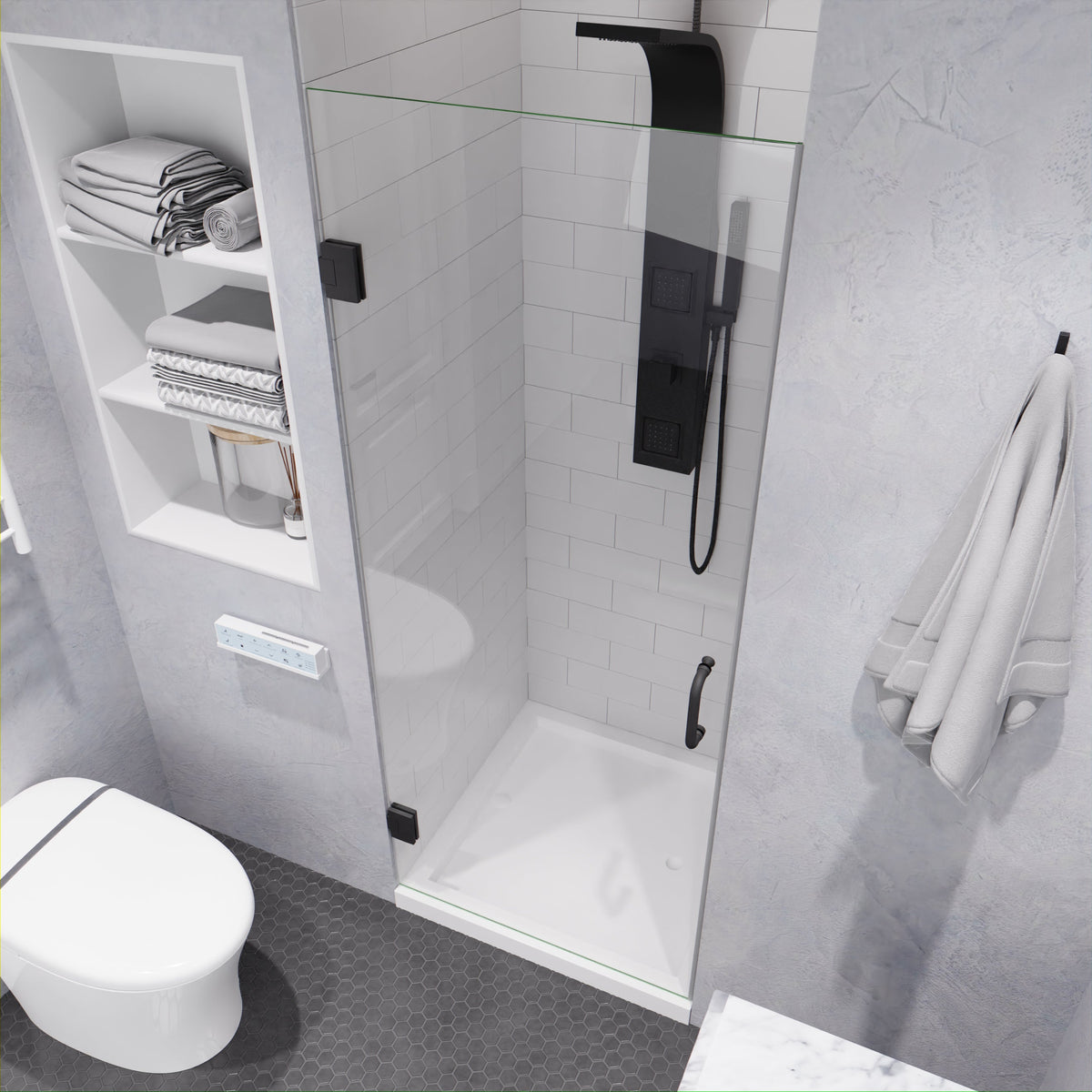 Fellow Series 24 in. x 70 in. Frameless Hinged Shower Door with Clear/Frosted Tempered Glass and Tsunami Guard