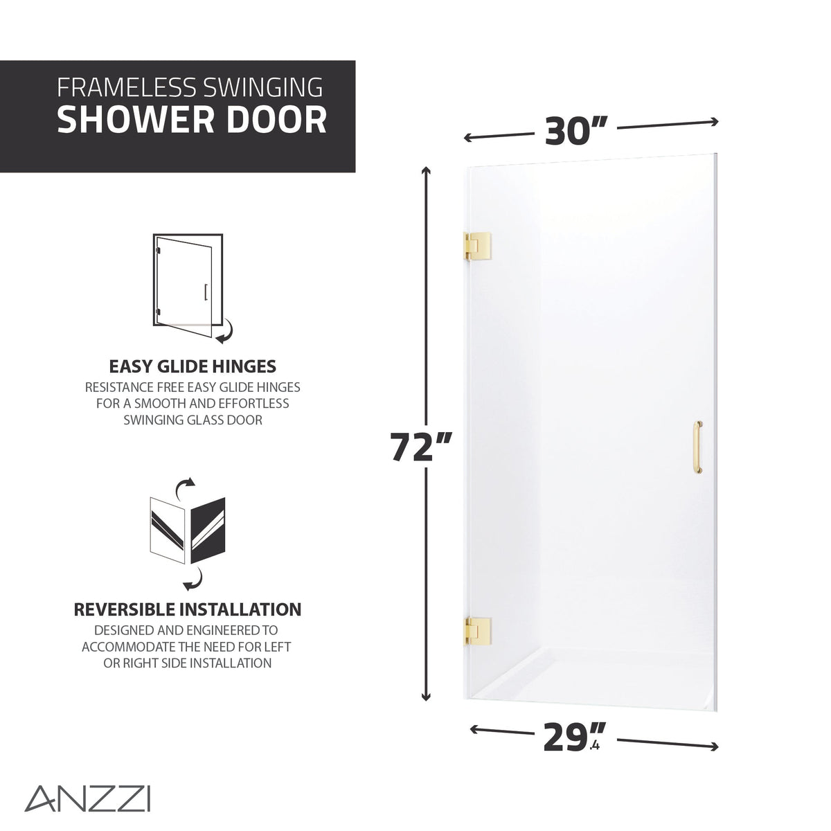 Fellow Series 30 in. x 72 in. Frameless Hinged Shower Door with Clear Tempered Glass and Tsunami Guard