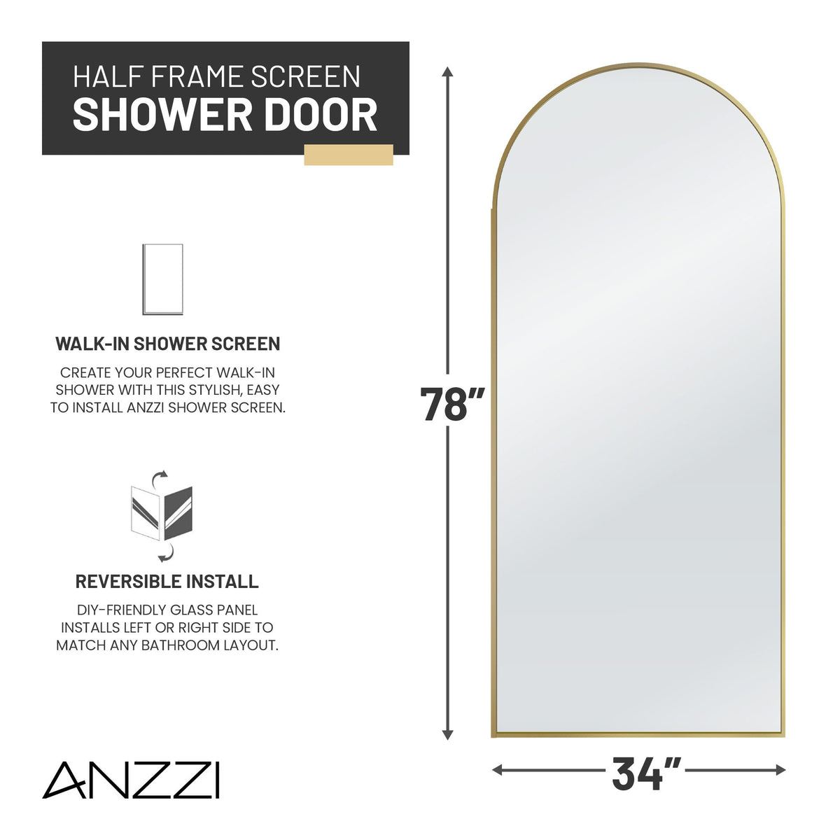 Ember Series 34 in. x 78 in Framed Arch Fixed Shower Screen Door with 8mm Tempered Clear or Fluted Glass