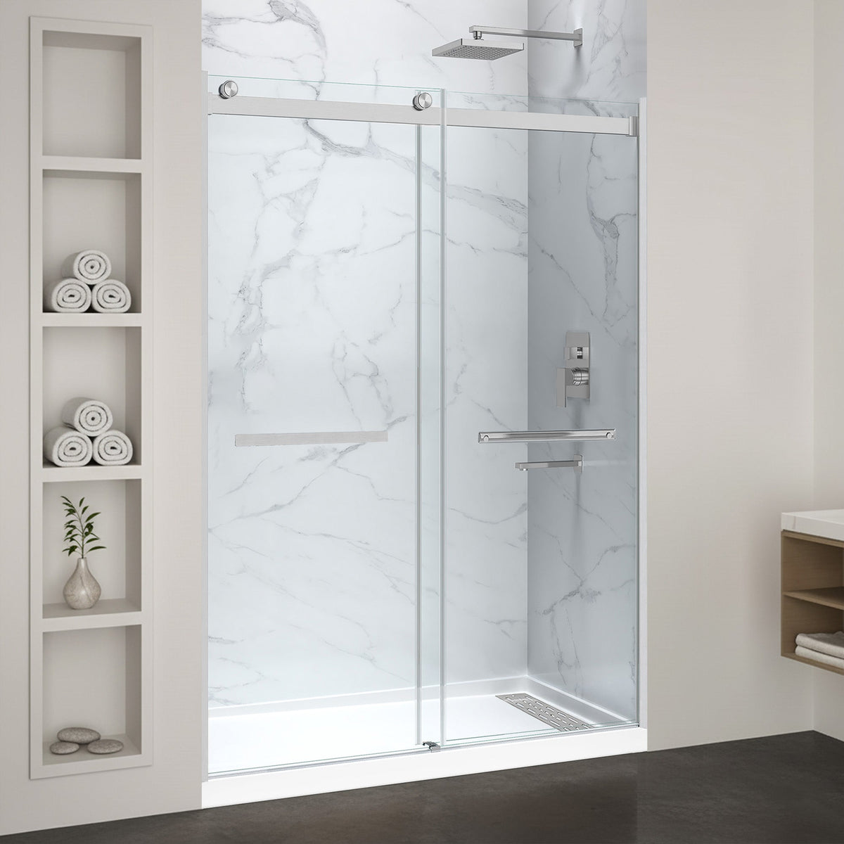 48 x 32 Frameless Shower Door, Pan Only, Kahn Alcove Sliding Combo