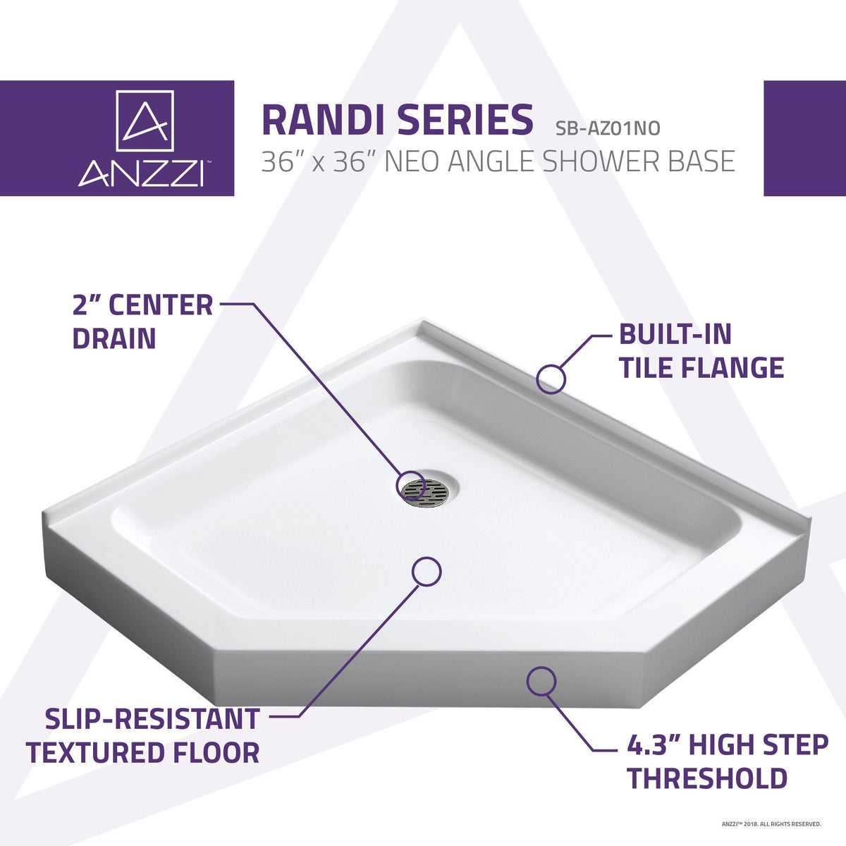 Randi Base Series 36 in. L x 36 in. W Corner Shower Shower Pan Base with Center Drain in Glossy White Marine Acrylic