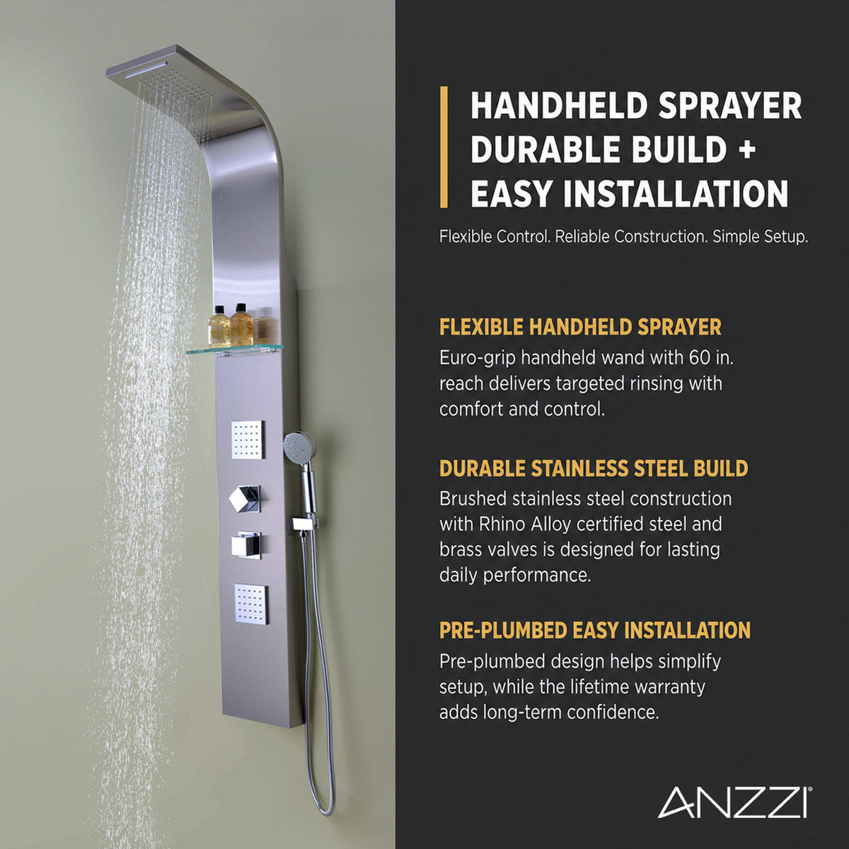 Niagara 64 in. 2-Jetted Full Body Shower Panel with Heavy Rain Shower and Spray Wand in Brushed Stainless Steel