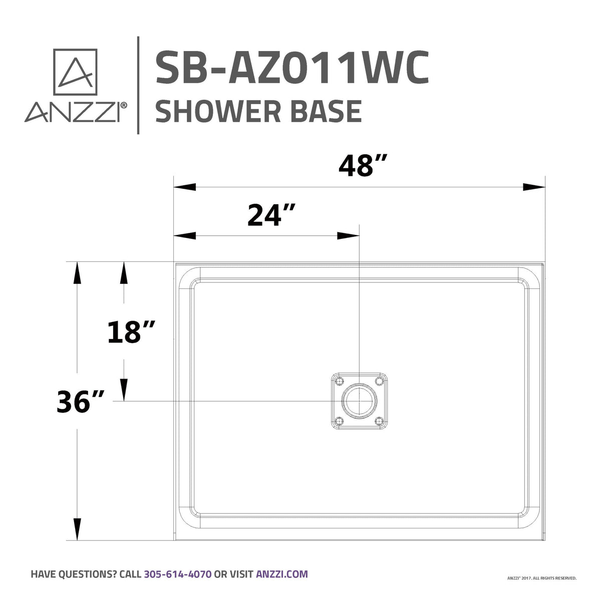48 x 36 Shower Base, Center Drain, Pan Only