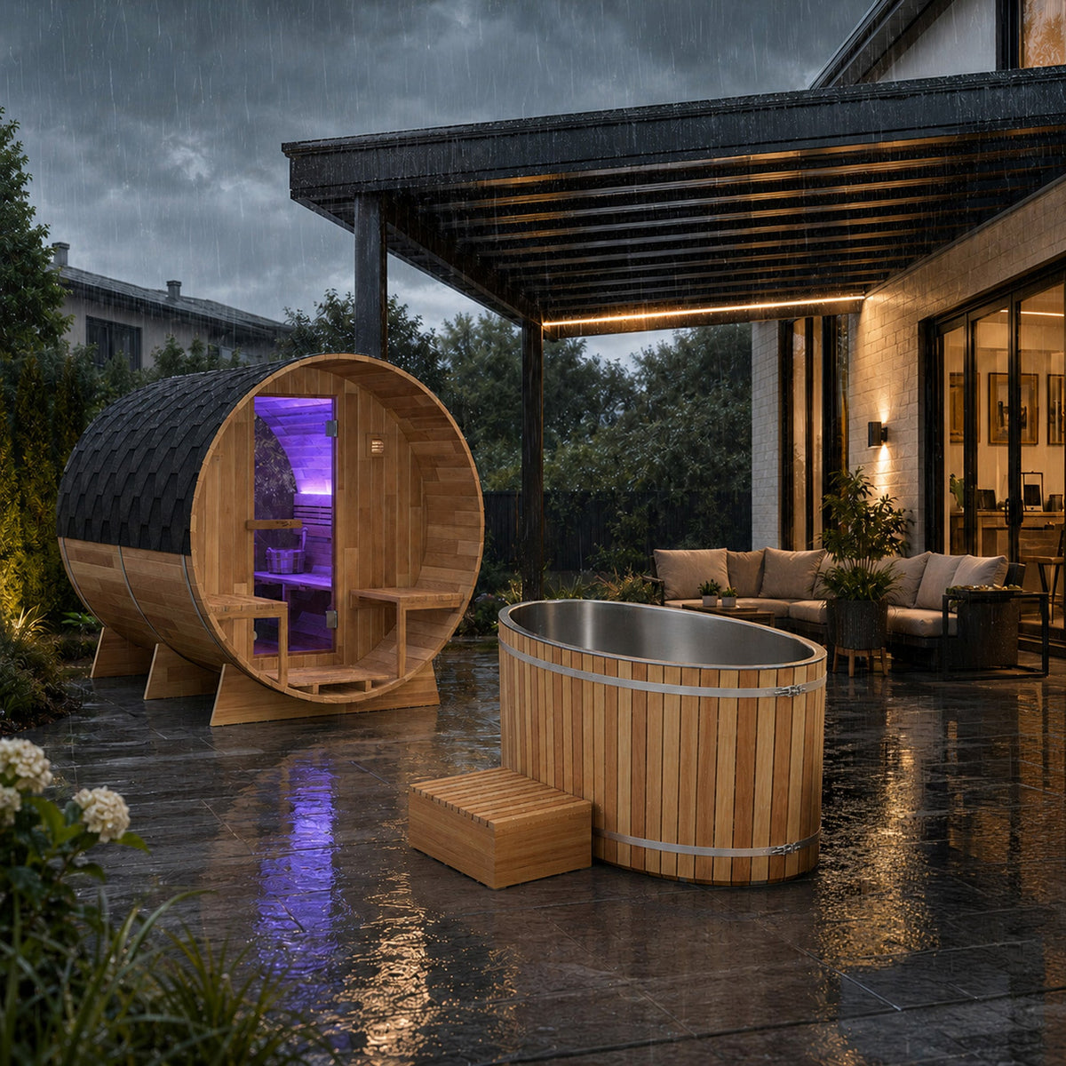 Outdoor Sauna, 4 Person Electric Rock Soaking Bathtub