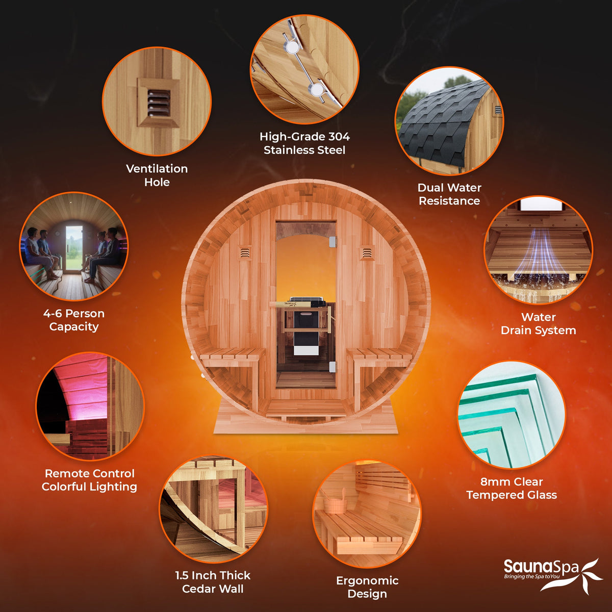 Outdoor Sauna, 4 Person Barrel Cedar Non-Curved Design