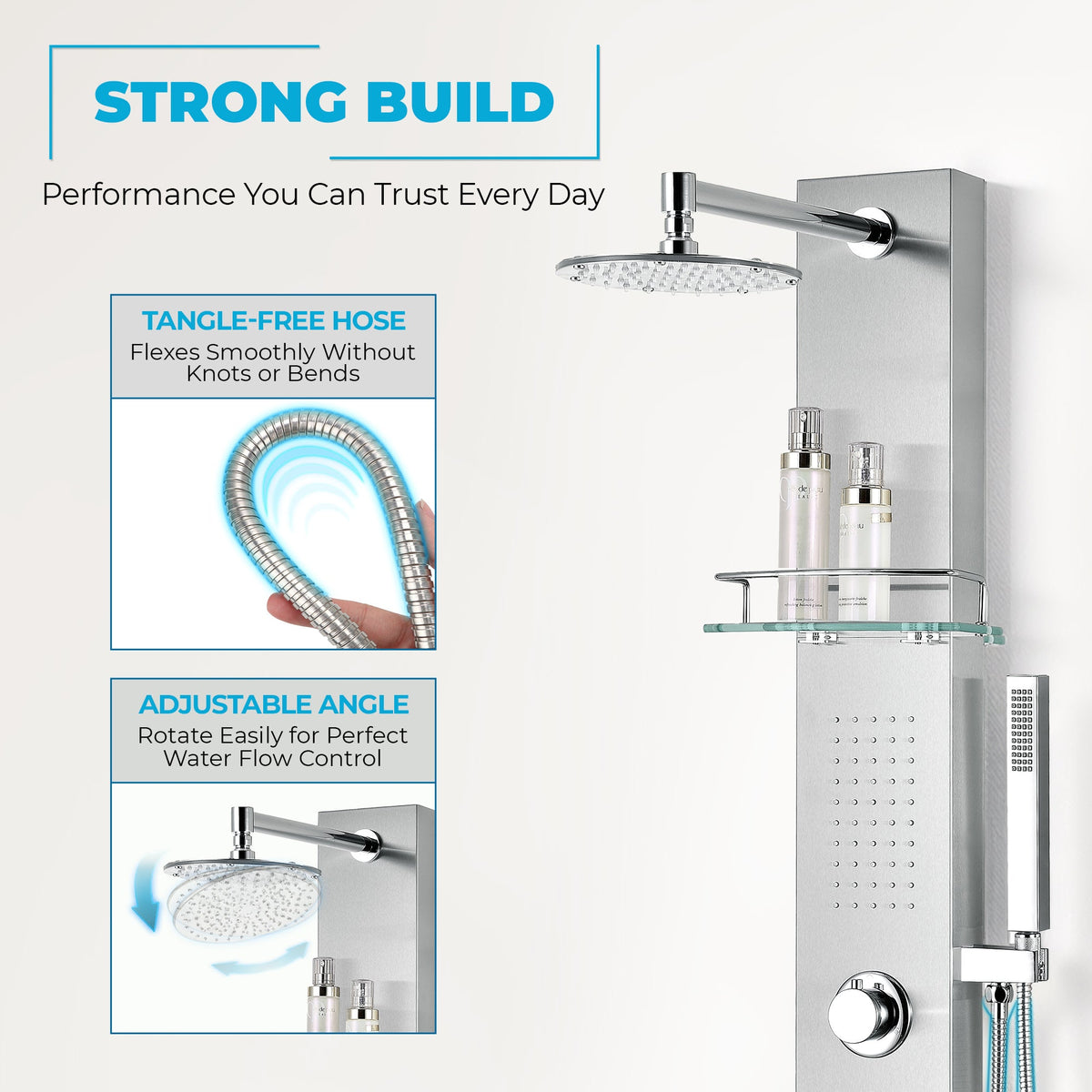 Coastal Series 44 in. 2-Jetted Full Body Shower Tower System with Rainfall Showerhead and Spray Wand in Brushed Steel