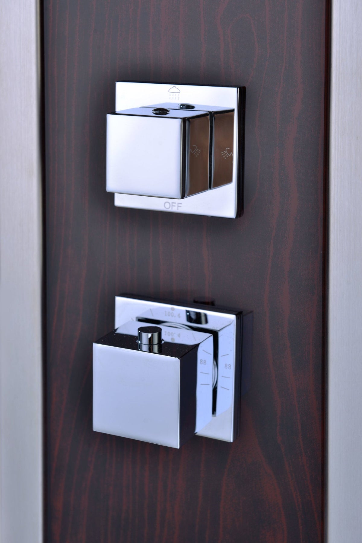 Monsoon 57 in. 4-Jetted Full Body Shower Panel System with Heavy Rain Shower and Spray Wand in Mahogany Style Deco-Glass