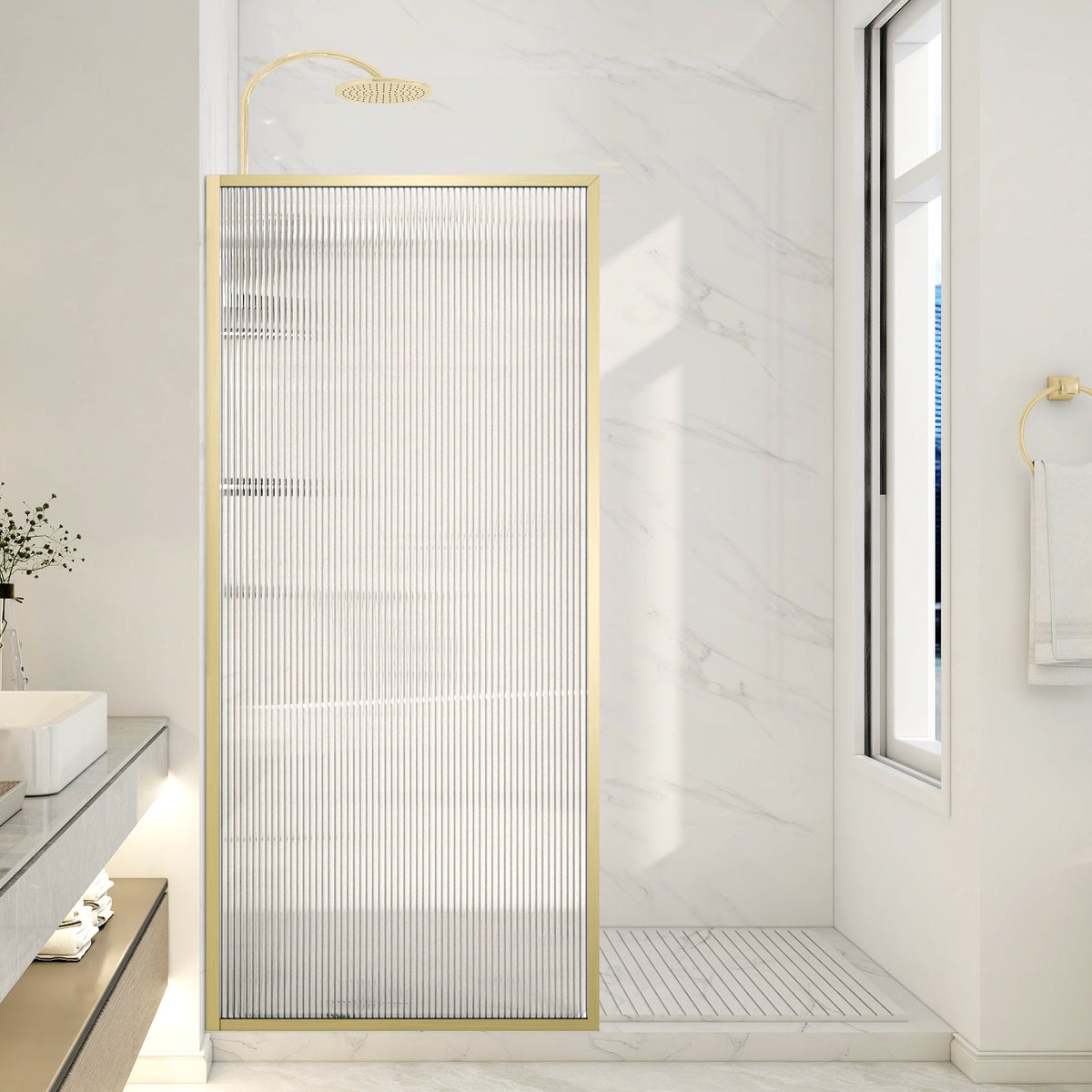 Welle 34 in. x 74 in. Framed Fixed Shower Screen Door with 5/16" (8mm) Tempered Fluted or Clear Glass