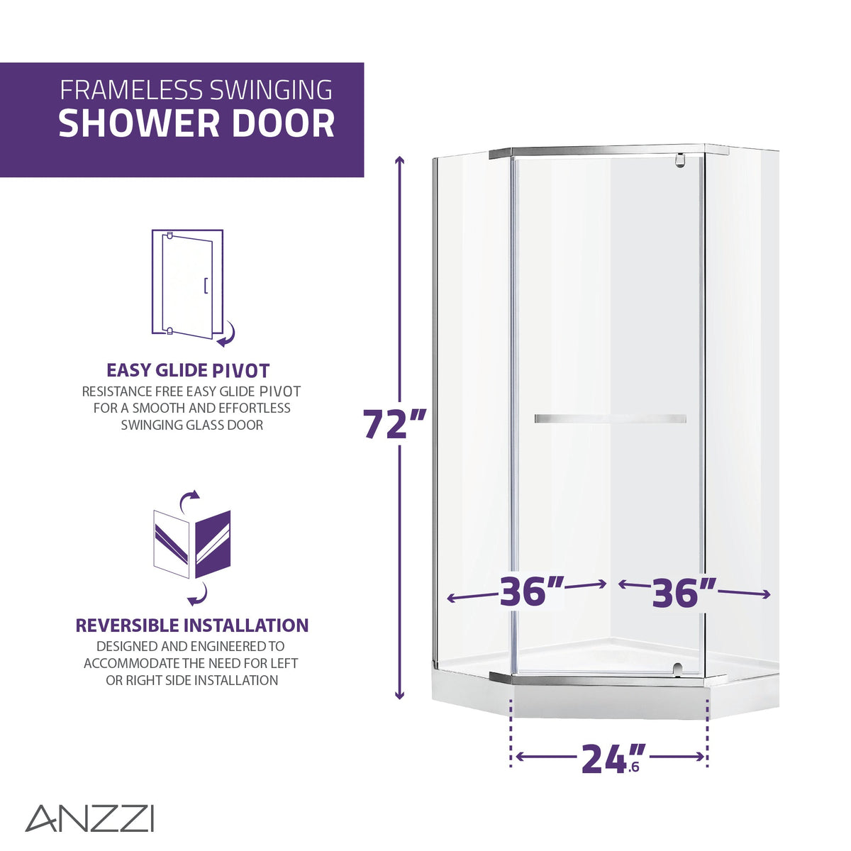 Castle Series 49 in. x 72 in. H Pivot Semi-Frameless Shower Door with Tsunami Guard Tempered Glass