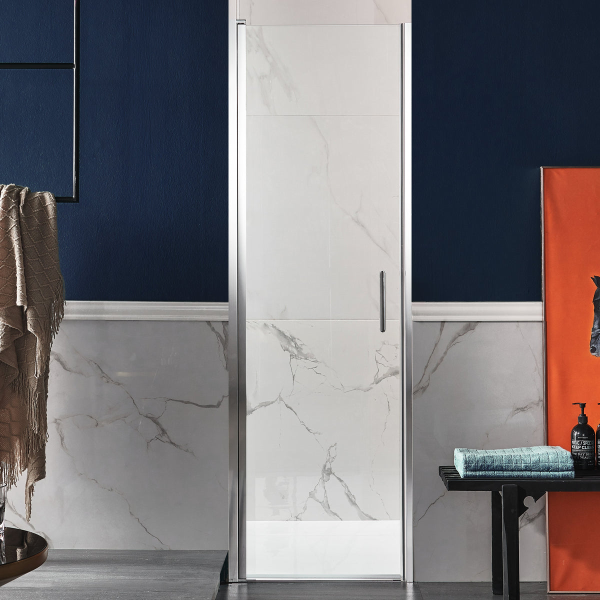 Lancer Series 29 in. x 72 in. H Hinged Semi-Frameless Shower Door with Tsunami Guard Tempered Glass
