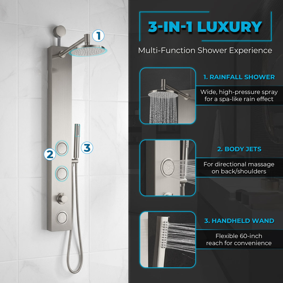 Beverly Series 43 in. 3-Jetted Shower Tower with Heavy Rain Shower and Body Jets and Spray Wand