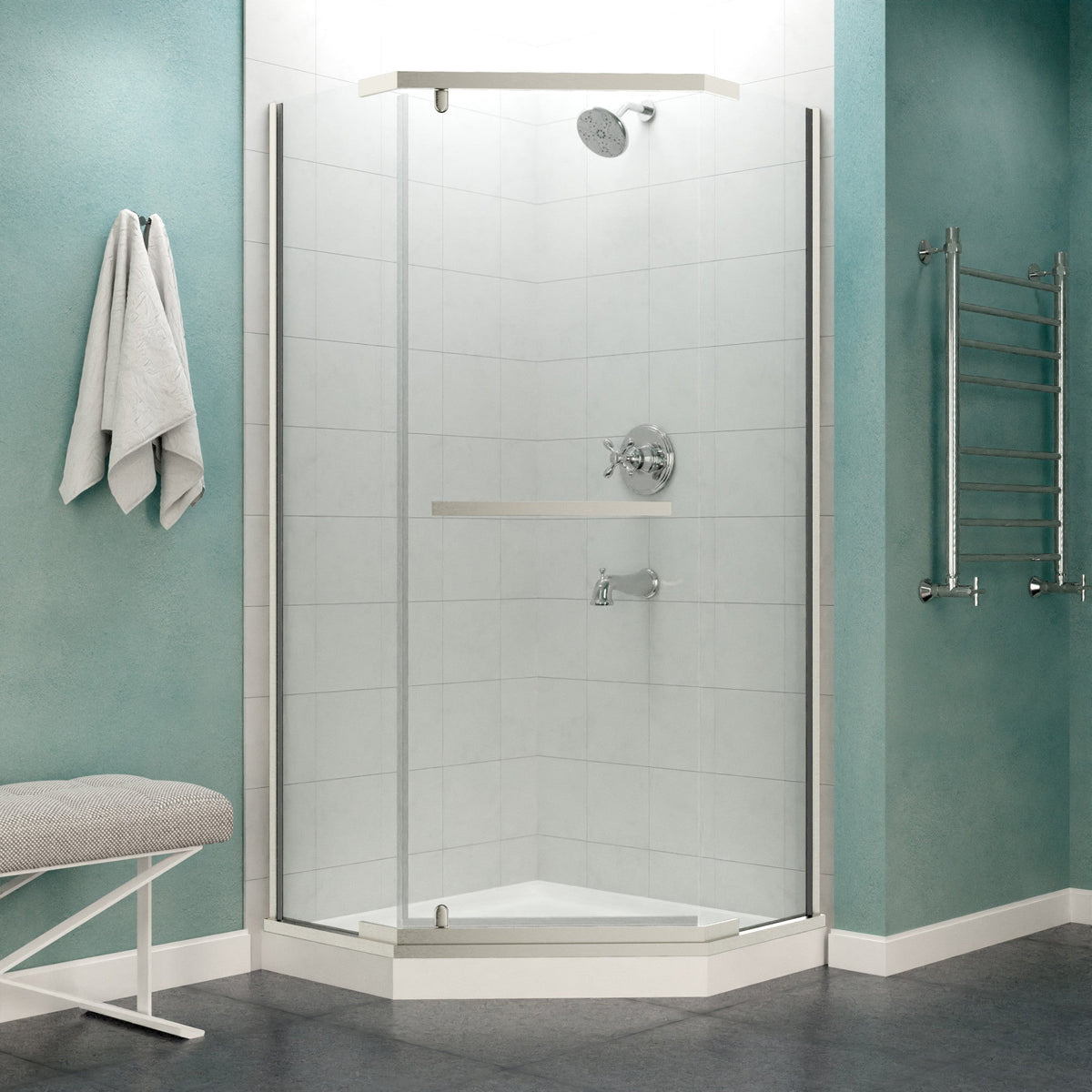 Castle Series 49 in. x 72 in. H Pivot Semi-Frameless Shower Door with Tsunami Guard Tempered Glass