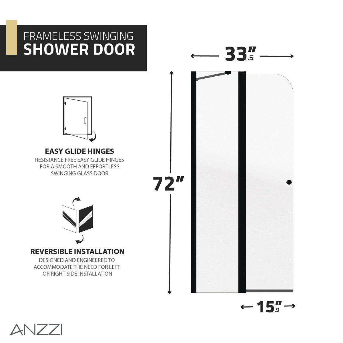 Romance Series 34 in. x 72 in. H Hinged Frameless Shower Door with Tsunami Guard Tempered Glass