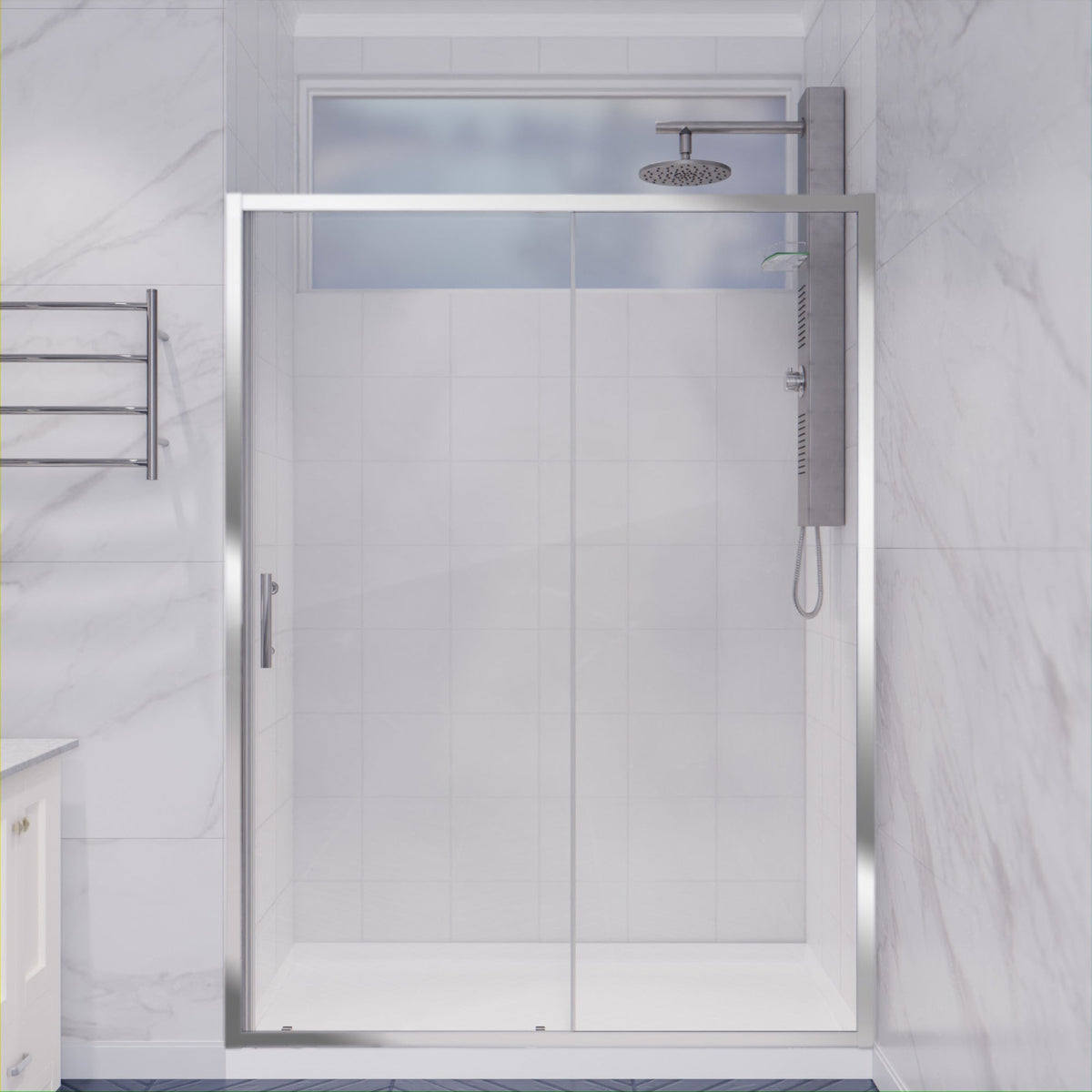 48 x 72 Framed Shower Door, Halberd Sliding Tsunami Guard Tempered Glass