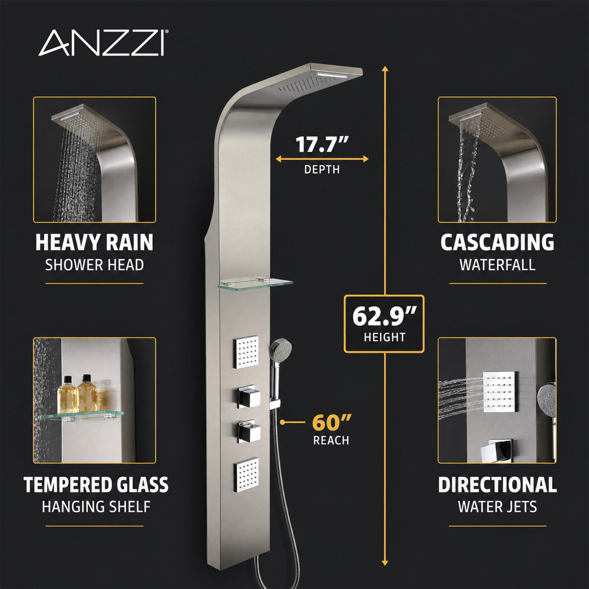 Niagara 64 in. 2-Jetted Full Body Shower Panel with Heavy Rain Shower and Spray Wand in Brushed Stainless Steel
