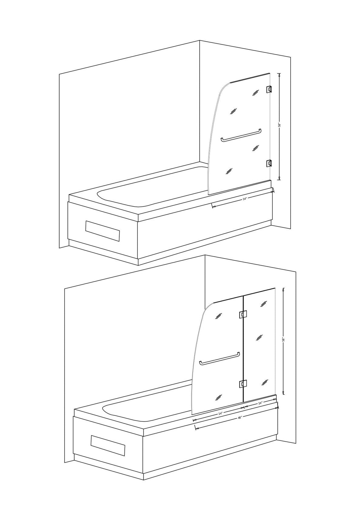 48 x 58 Tub Shower Door, Herald Frameless Hinged Clear