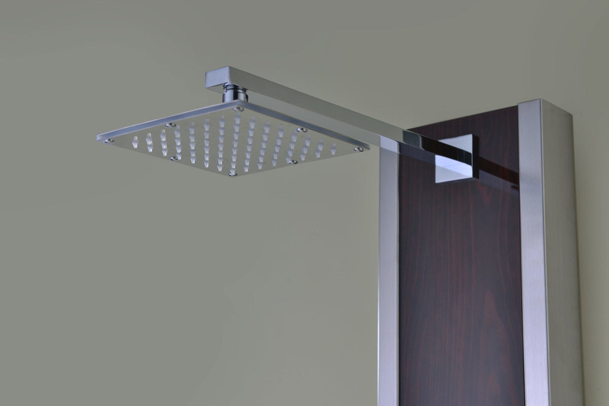 Monsoon 57 in. 4-Jetted Full Body Shower Panel System with Heavy Rain Shower and Spray Wand in Mahogany Style Deco-Glass