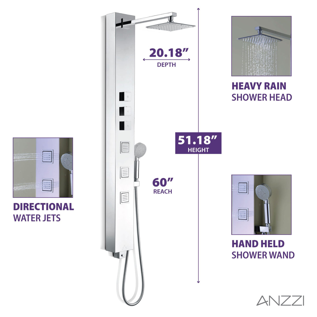 Lann 53 in. 3-Jetted Full Body Shower Panel System with Heavy Rain Showerhead and Spray Wand in Chrome (Valve Included)