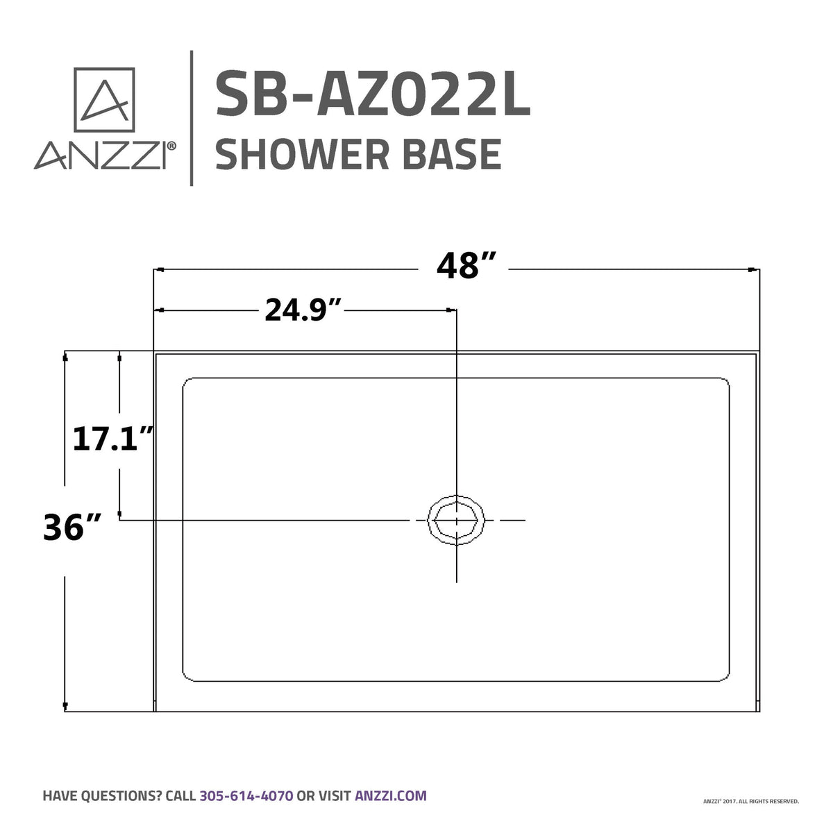 48 x 36 Shower Base, Pan Only, ANZZI Port Corner Durable High-Gloss White