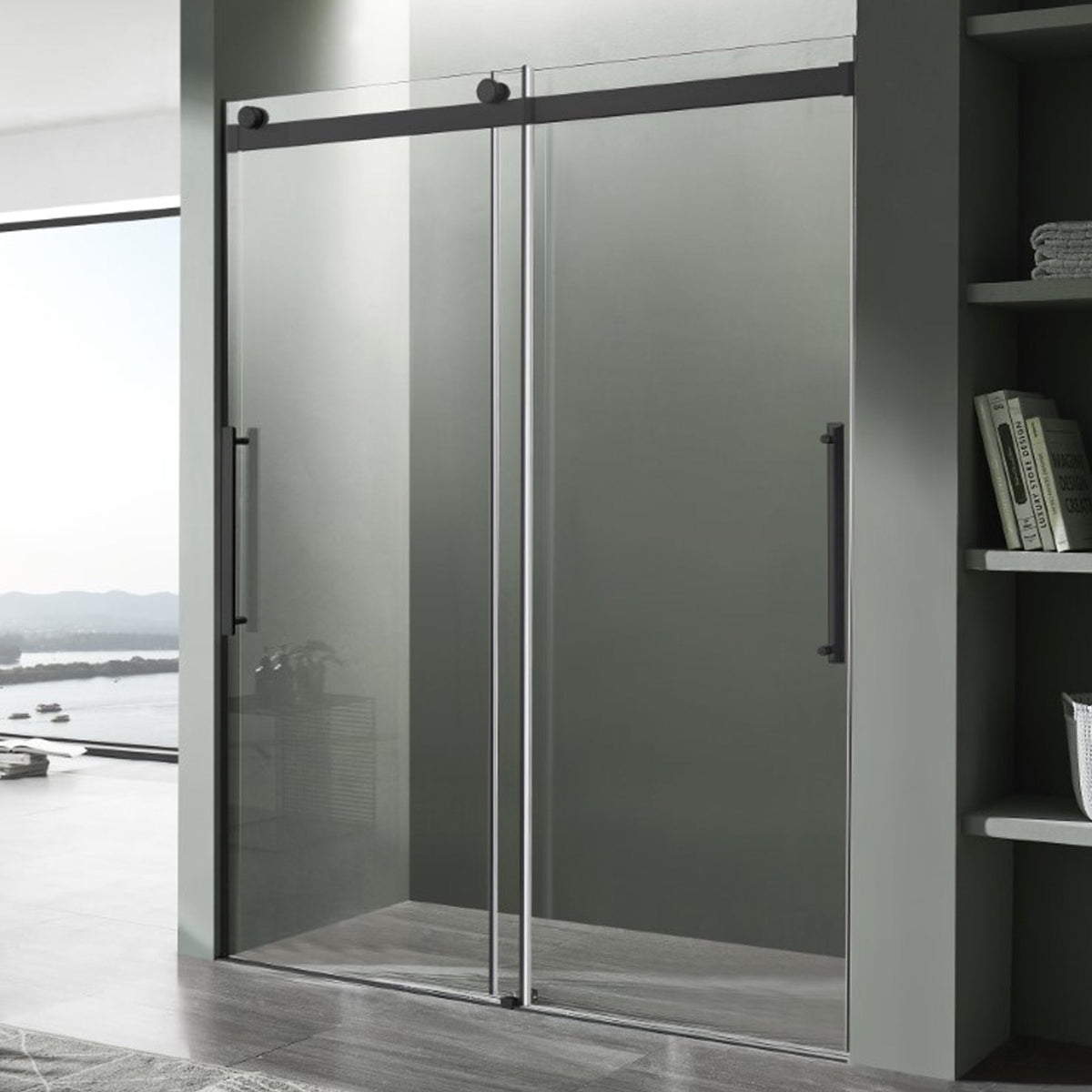 60 x 76 Frameless Shower Door, Stellar Sliding Tsunami Guard