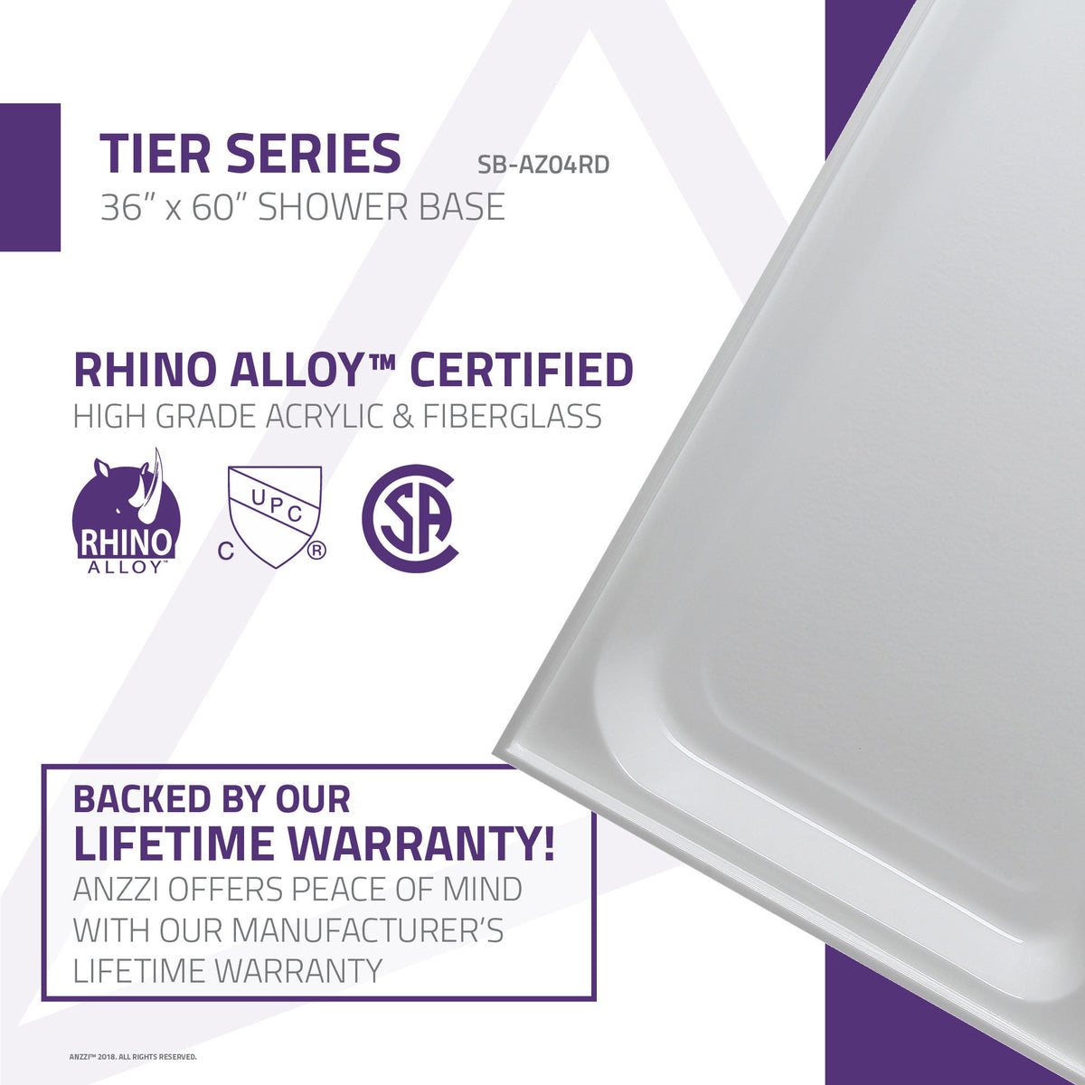 Tiers Base Series 36 in. L x 60 in. W Alcove Shower Shower Pan Base with Right Drain in Glossy White Marine Acrylic
