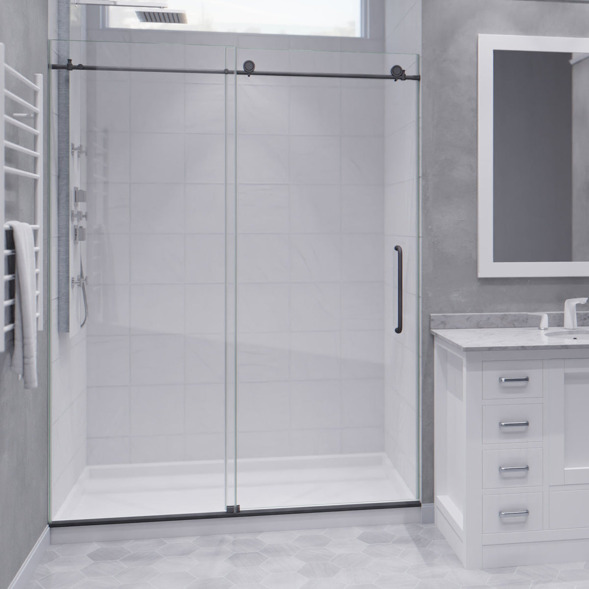 Madam Series 56 to 60 in. x 76 in. Frameless Sliding Shower Door with Clear or Tinted Tempered Glass and Tsunami Guard