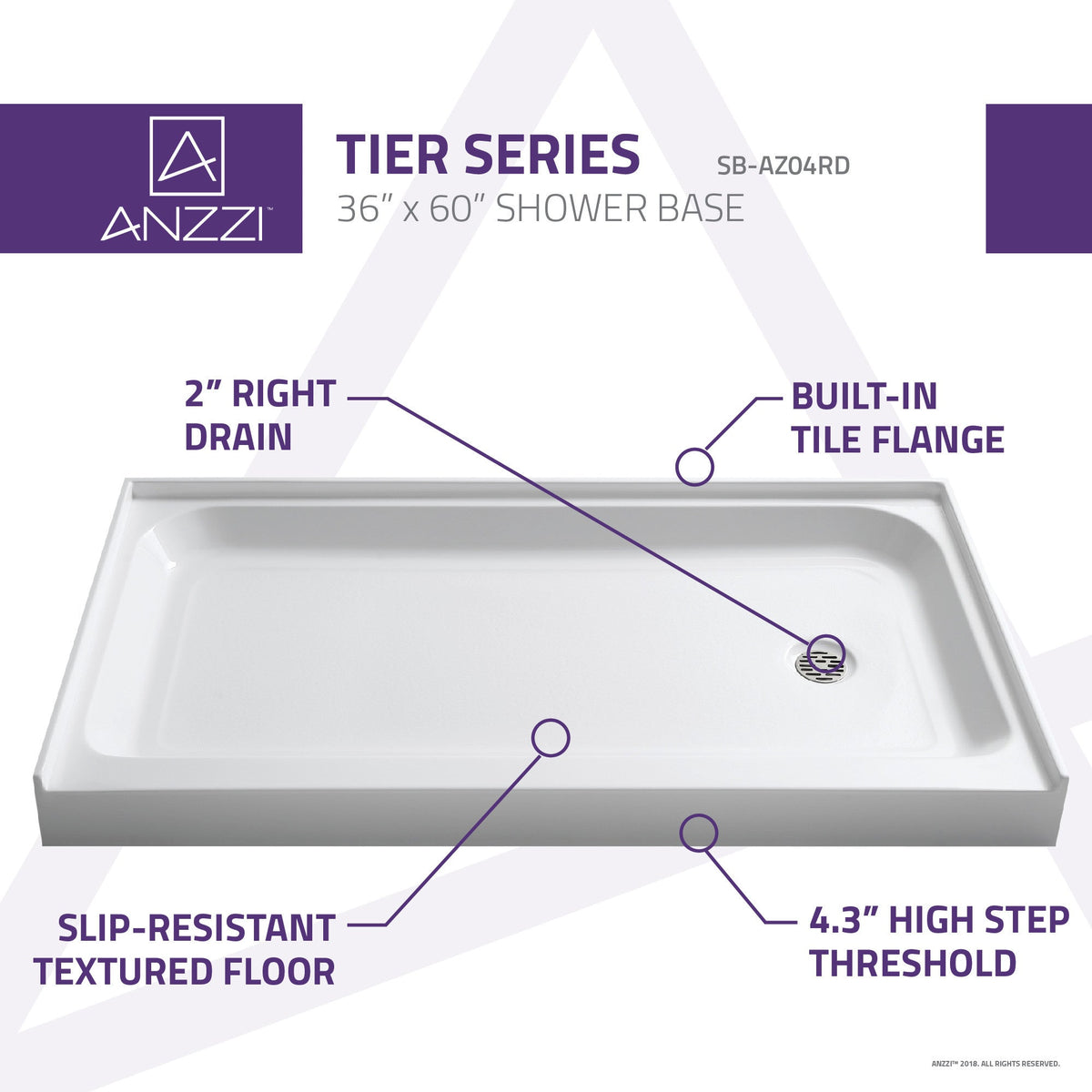 Tiers Base Series 36 in. L x 60 in. W Alcove Shower Shower Pan Base with Right Drain in Glossy White Marine Acrylic