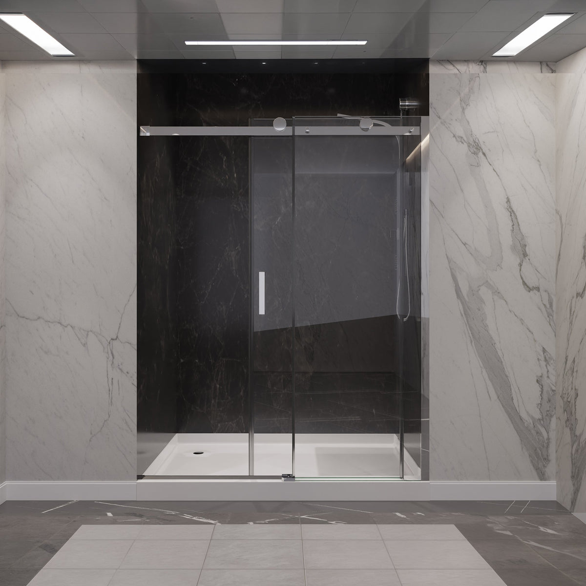 54 x 76 Frameless Shower Door, Rhodes Sliding Tsunami Guard