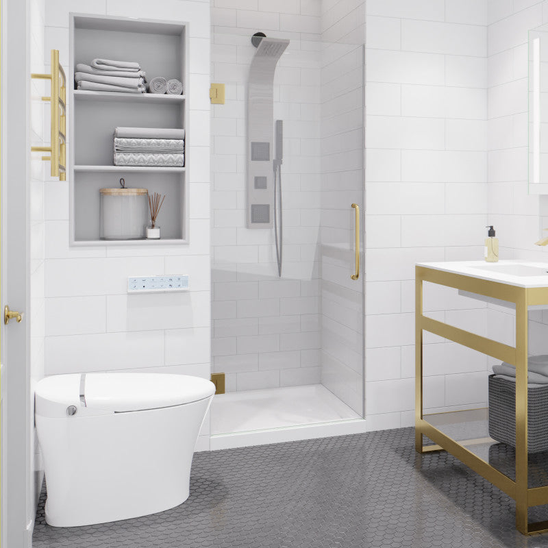 Fellow Series 30 in. x 72 in. Frameless Hinged Shower Door with Clear Tempered Glass and Tsunami Guard