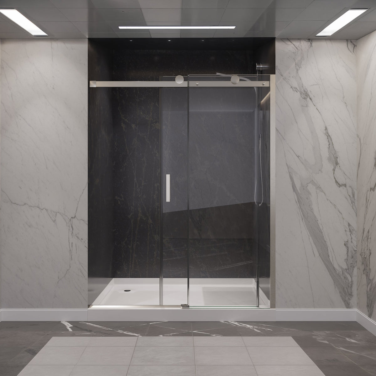 60 x 76 Frameless Shower Door, Rhodes Sliding Tsunami Guard