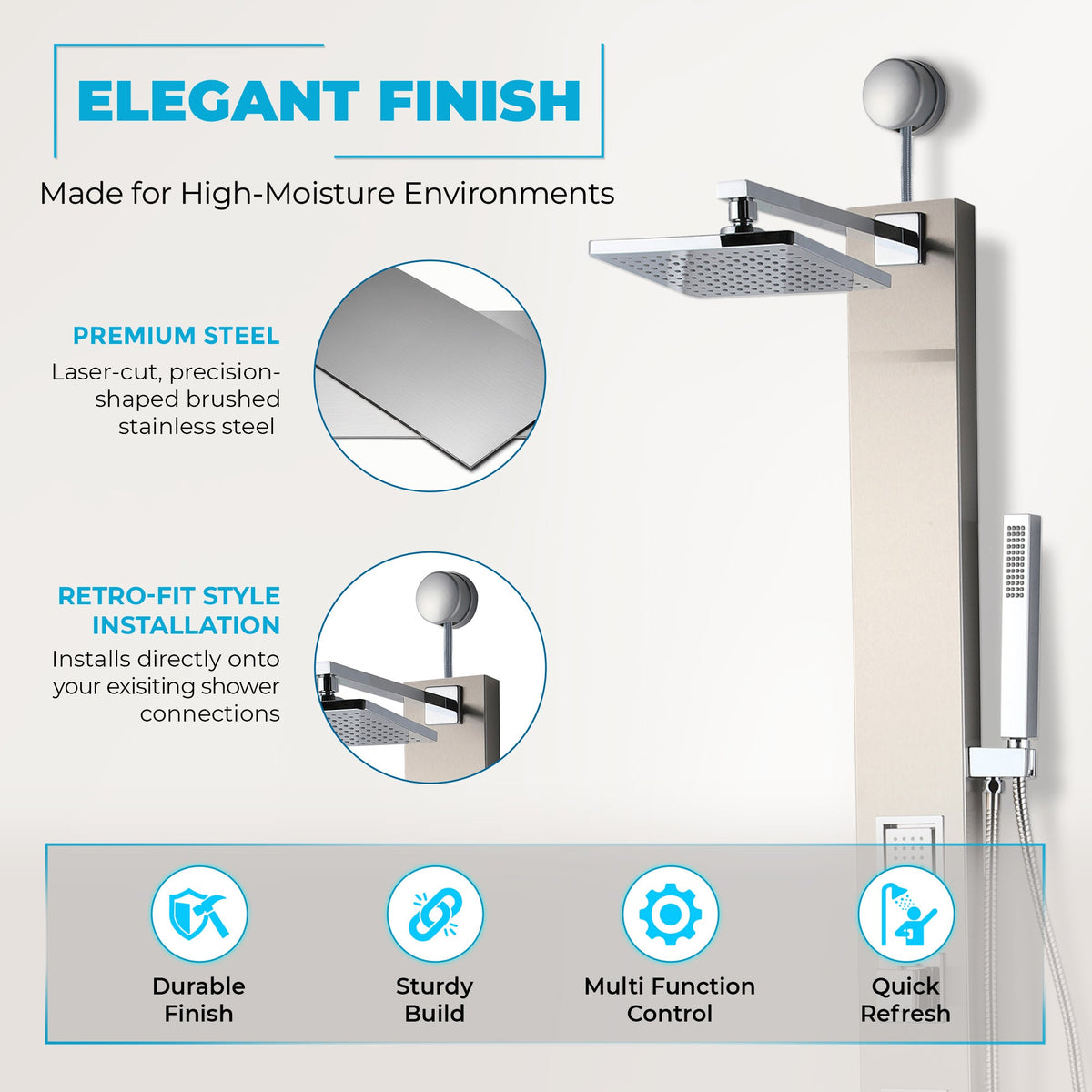 Dion Series 39 in. 2-Jetted Shower Tower with Heavy Rain Shower and Body Jets and Spray Wand