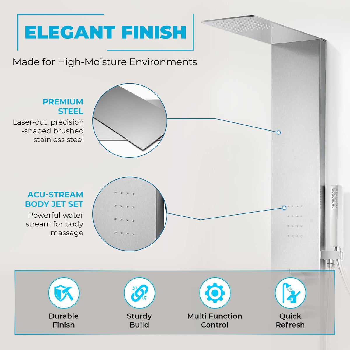 Collines Series 55 in. 2-Jetted Shower Tower with Heavy Rain Shower and Jets and Spray Wand