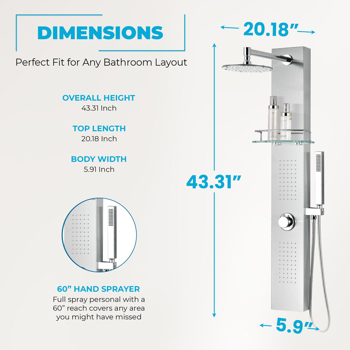 Coastal Series 44 in. 2-Jetted Full Body Shower Tower System with Rainfall Showerhead and Spray Wand in Brushed Steel